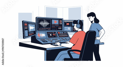 Professionals working with audio mixing equipment, editing sound waves