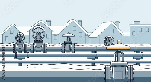 Industrial pipelines with valves in a snowy urban winter landscape