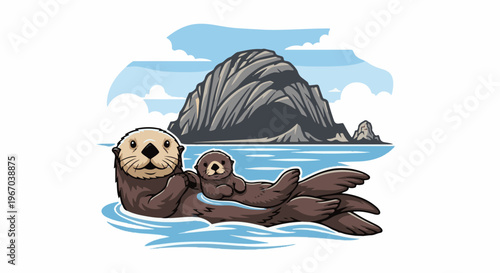 Adorable mother and baby otters float on water near rocky island