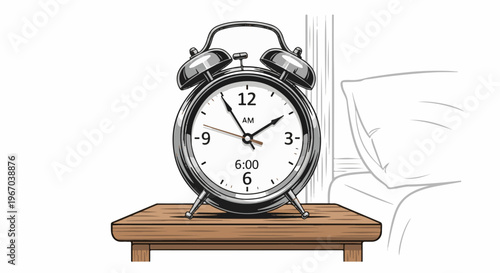 Retro alarm clock on a wooden table, beside a pillow and curtain