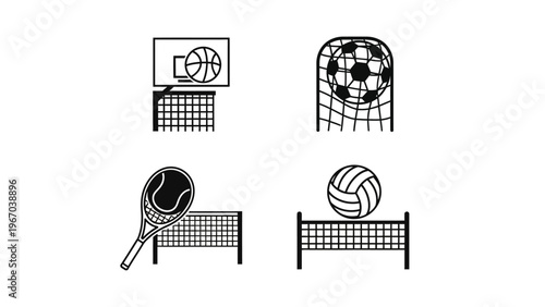 Minimalist Line Art Illustration of Various Ball Sports Equipment and Nets in Black and White
