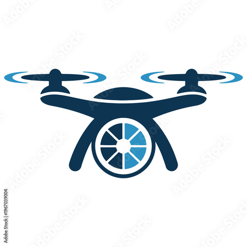 A stylized depiction of a quadcopter drone in mid-flight with rotating propellers