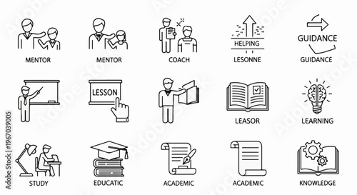 Icons representing mentorship, teaching, guidance, learning, education, and knowledge