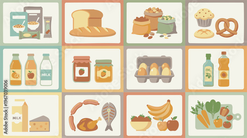 Assortment of various food groups in a stylized grid illustration