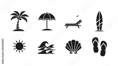 Minimalist set of tropical beach icons representing relaxation and vacation themes
