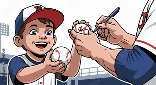 Excited boy receives autographed baseball from player at stadium