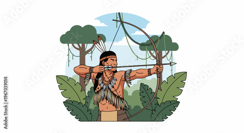 Illustration of indigenous man aiming bow and arrow in lush jungle