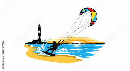 Silhouette of a kite surfer on a board gliding on blue water, with a lighthouse on shore