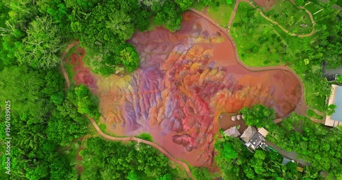 Aerial view of seven coloured earths on island Mauritius. Tourist attraction on island Mauritius