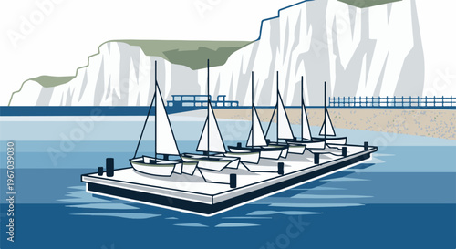 Five white sailboats docked at a pier, with cliffs in the background