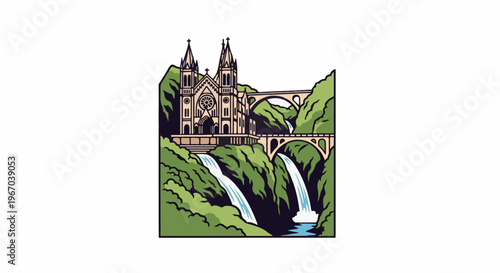 Ornate structure nestled amongst verdant, cascading waterfalls and arched bridges