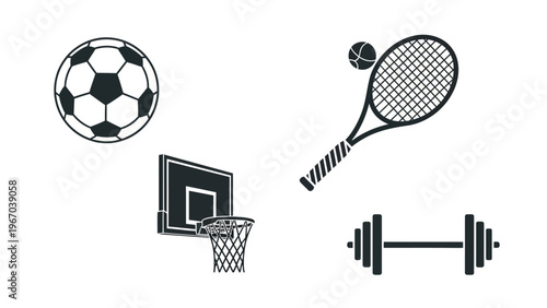 Minimalist Sports Equipment Icons Depicting Soccer, Tennis, Basketball and Weightlifting