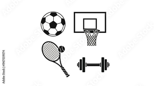 Minimalist sports equipment icons including soccer ball basketball tennis and dumbbell for