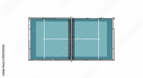 Overhead view of a simple, graphic representation of a tennis court with a net