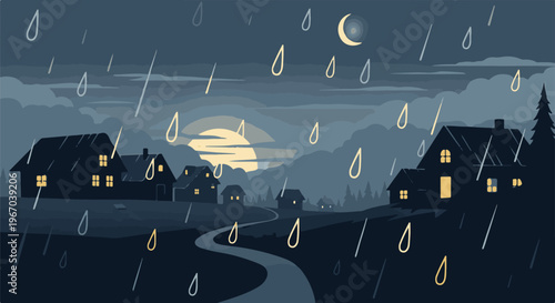 Pixelated village under a crescent moon and heavy rainfall with warm house lights