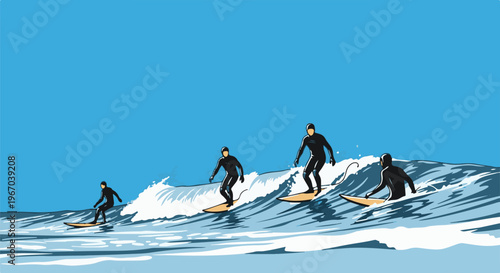 Four surfers ride waves under a clear blue sky