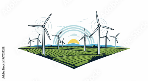 Green energy farm with wind turbines against a sunrise and rainbow