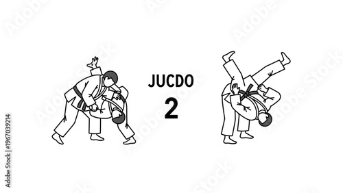 Minimalistic Illustration of Judo Match Showing Two Opponents Engaged in a Throw with the Text