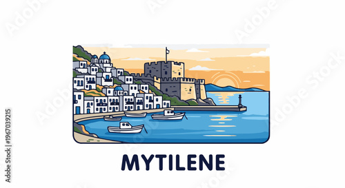 Pixel art scene of Greek coastal town with whitewashed buildings, castle, and boats at sunset