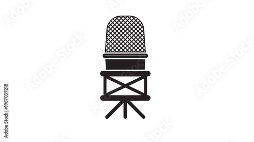 Microphone retro vintage with grille detail on a tripod stand, iconic audio recording equipment symbol.