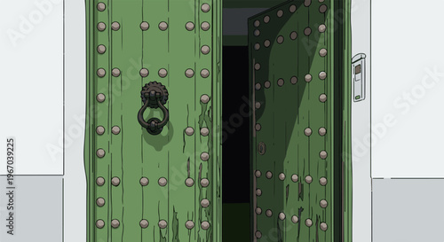 Green, weathered double doors with ornate knocker, partly open