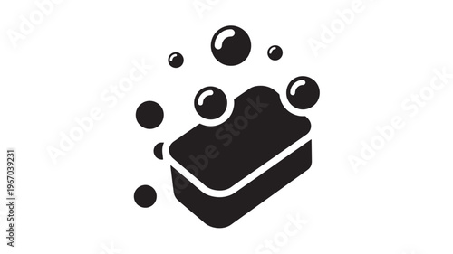 Soap bar with cascading bubbles icon, symbolizing hygiene and cleansing, rendered in a simple black and white graphic style.