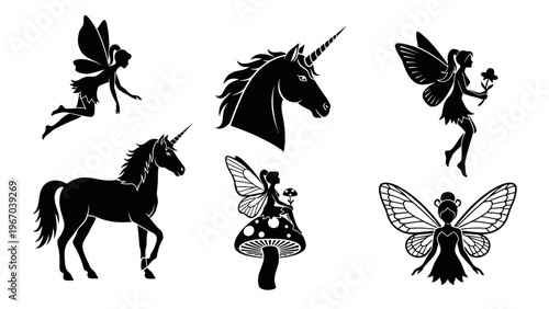 Mythical and whimsical black silhouette illustrations of fairies unicorns mushrooms and insects in