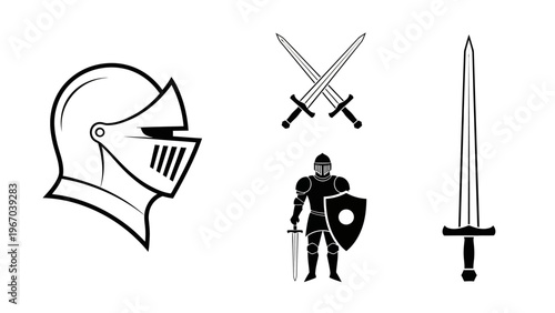 Minimalistic Medieval Knight and Sword Icons Set for Gaming or Graphic Design Projects