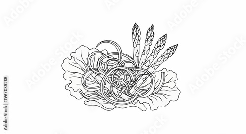 Hand-drawn sketch of spiralized vegetables and asparagus on lettuce