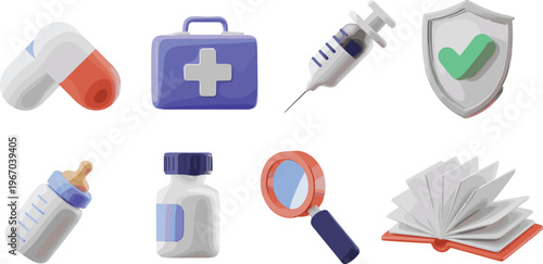 Flat medical and healthcare icons set with pills, syringe, first aid kit, vaccine bottle, shield protection and diagnostic tools illustration
