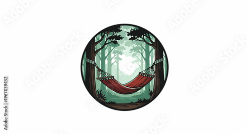 Relaxing red hammock strung between trees in a misty forest setting