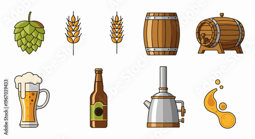 Pixel art collection of beer-making ingredients, barrels, and drinks