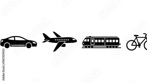 Sequence of transportation icons illustrating different modes of travel including car airplane