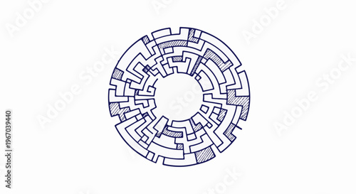 Hand-drawn circular maze with hatching on sections against white background