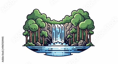 Pixel art waterfall cascades into a clear blue pool, framed by lush trees