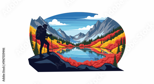 Hiker overlooks a tranquil mountain lake reflecting vibrant autumn foliage