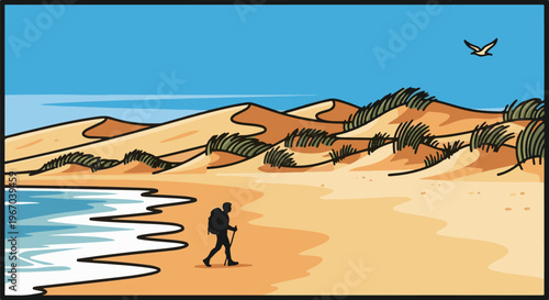 Hiker walks along a sandy beach with dunes and a bird flying overhead