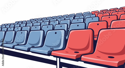 Rows of empty stadium seats, some blue and some red, angled view