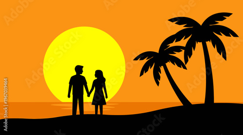 Silhouetted couple holding hands on a tropical beach at sunset with palm trees.