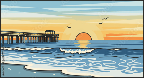 Pixelated ocean pier at sunset with birds flying above the waves