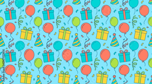 Seamless pattern of colorful party elements including balloons, gift boxes, party hats, and confetti on a light blue background.