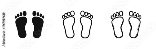 Bare human footprints icons in solid, outline, and sketch styles, representing walking and hygiene.