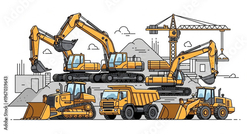 Construction heavy machinery and equipment collection illustration.