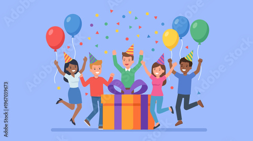 Diverse group of happy young people celebrating a birthday or party with balloons, confetti, and a large gift box.