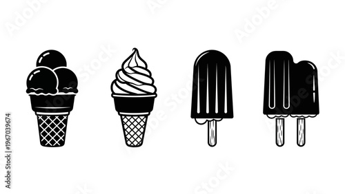 Set of Black and White Ice Cream and Popsicle Icons Illustrating Different Types of Frozen Desserts