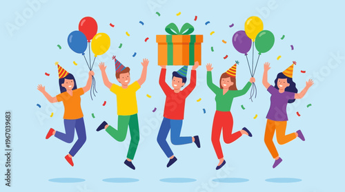 Five joyful people celebrating a birthday or party, jumping with excitement, holding balloons and a gift box, surrounded by colorful confetti.