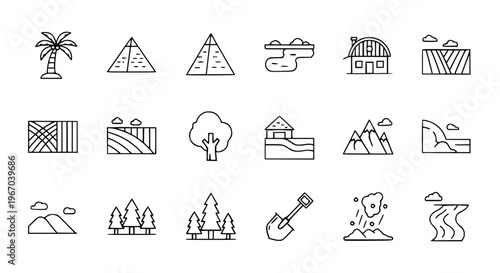 Landscape Icon Collection Editable and Scalable with Palm Tree Pyramid Lake Mountain Vector