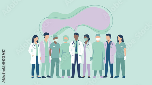 Diverse healthcare professionals with face masks and uniforms, team illustration