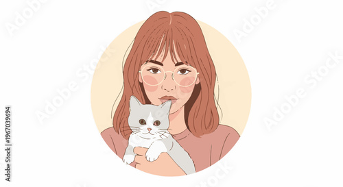 Gentle illustration of a young woman with glasses holding a cat