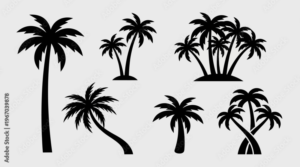 Fototapeta premium Collection of black silhouette palm tree illustrations in various shapes and sizes on a light background, representing tropical and vacation themes.